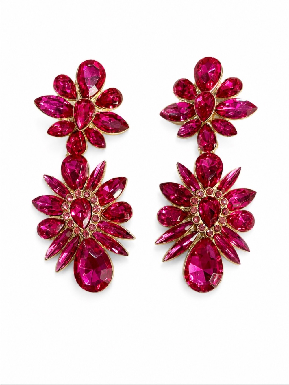 Hot Pink Crystal Floral Statement Chandelier Earrings